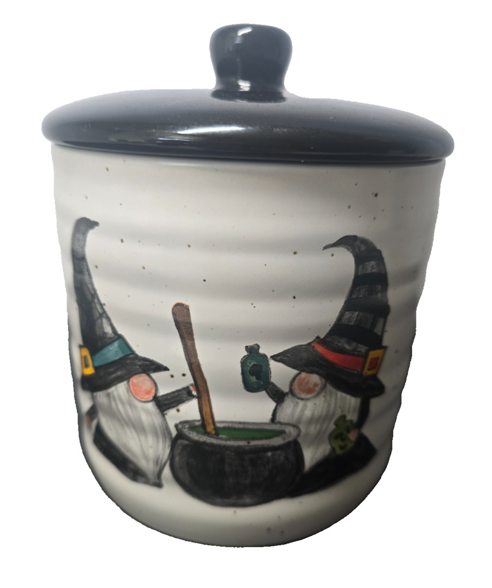 Cobwebs & Cauldrons Wizard Gnome Ceramic Canister Jar w/Lid Halloween
